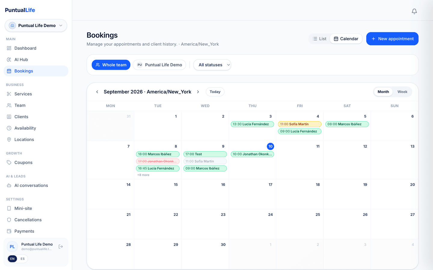 Monthly calendar view in the dashboard with confirmed and cancelled appointments